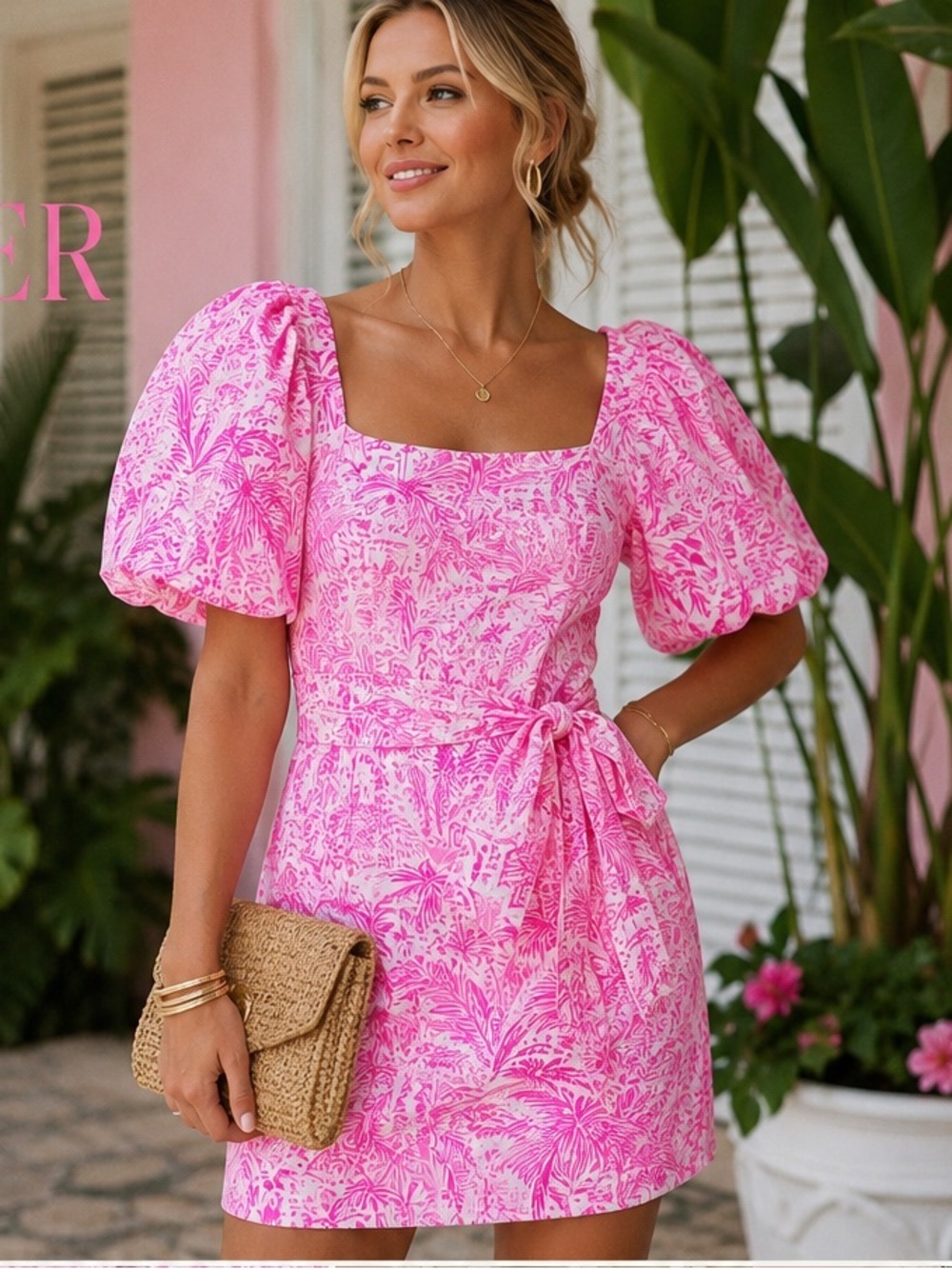 Lilly Pulitzer Merian Puff Sleeve Dress Pink Blossom Palm Beach Paradise Size 2